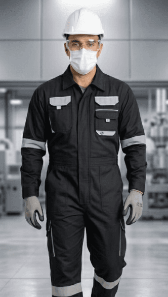 On-site specialist in full coverall, hard hat, and safety gear