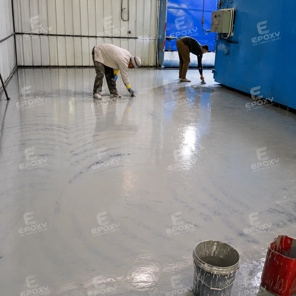 Industrial floor installation underway inside a sugar factory